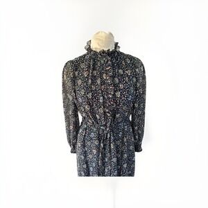 NWT‎ Tory Burch Deneuve Floral Print Ruffle Trim Dress Navy Soleil 4 Sheer Lined